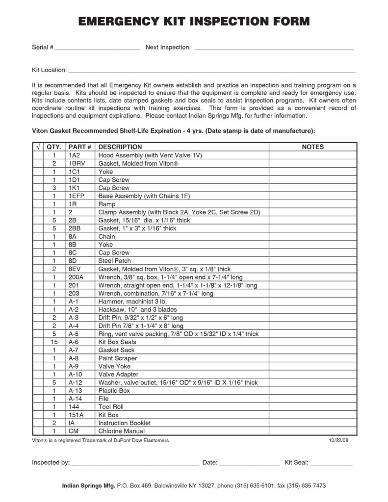 Kit NH Inspection Sheet | Indian Springs Manufacturing